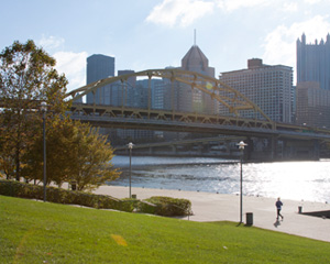 Pittsburgh bridge with green grass and buildings in background