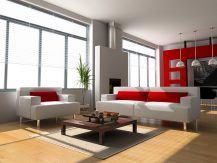 Living room in red, black and white