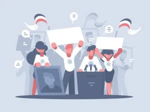 illustration of people in a political campaign - sign holding, political media buying, speeches
