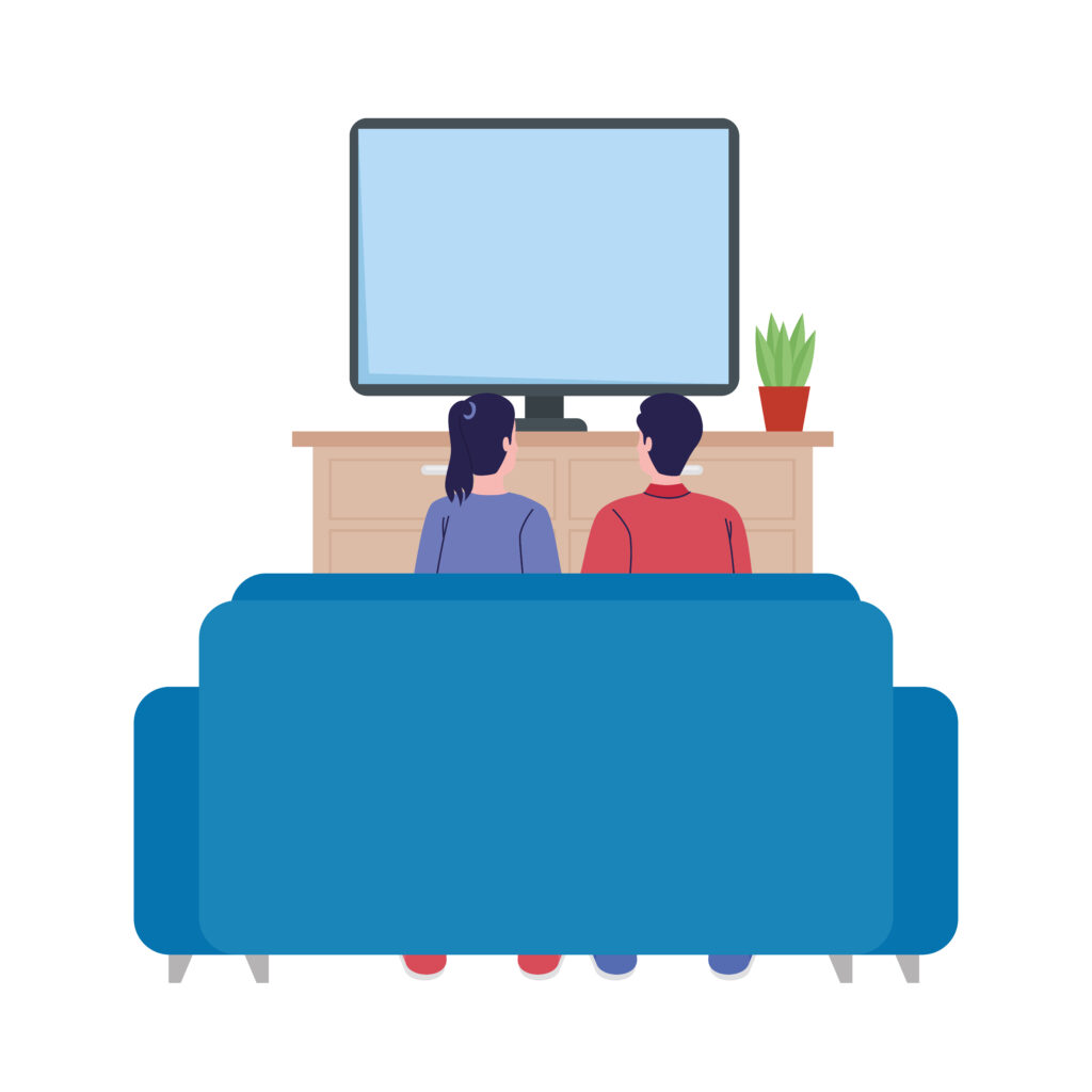digital graphic with a man and woman sitting on the couch looking at their tv