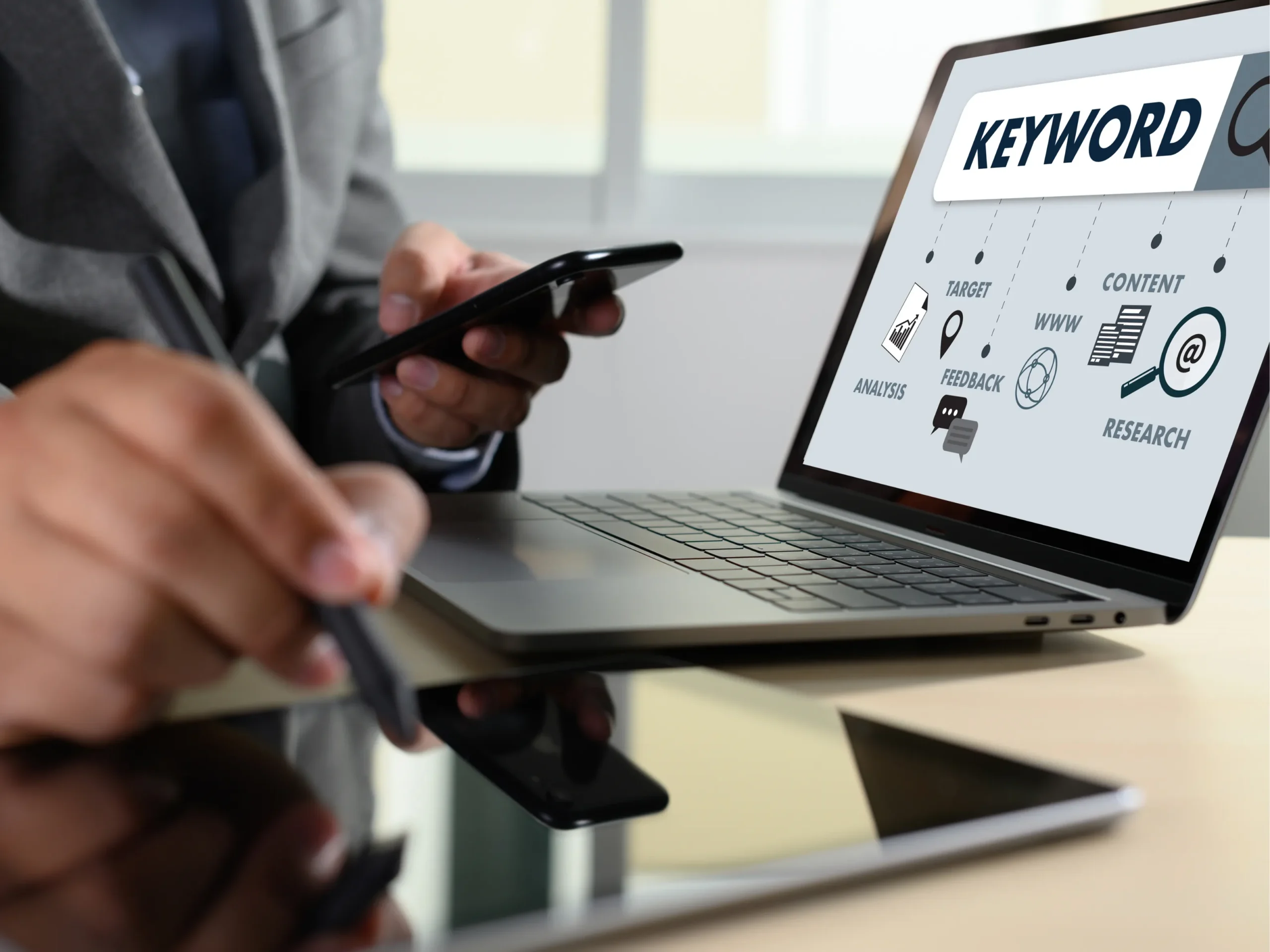 person using laptop and tablet for keyword SEO research