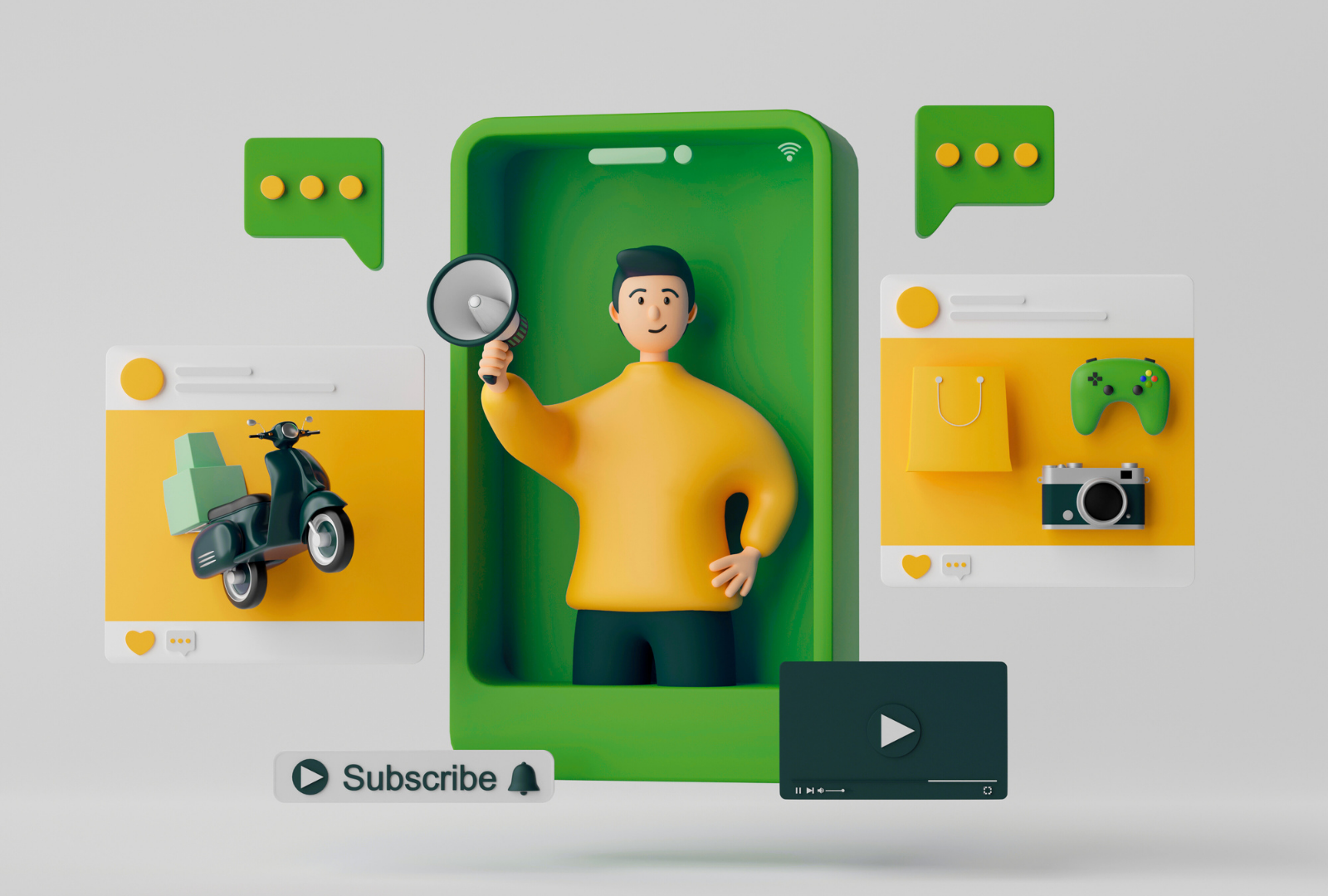 Illustrated graphic of man in yellow shirt in a phone holding a magnifying glass surrounded by comment bubbles