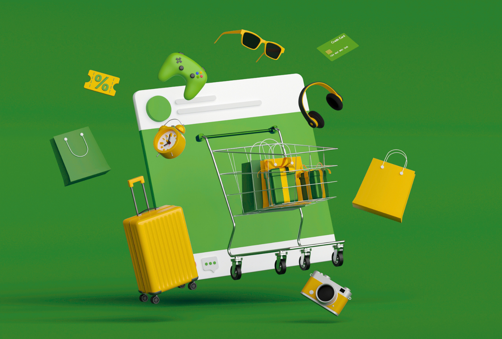 Media buying illustrated graphic with a shopping cart, shopping bag, suitcase, headphones, sunglasses, etc. around the advertisement - What is Media Buying?