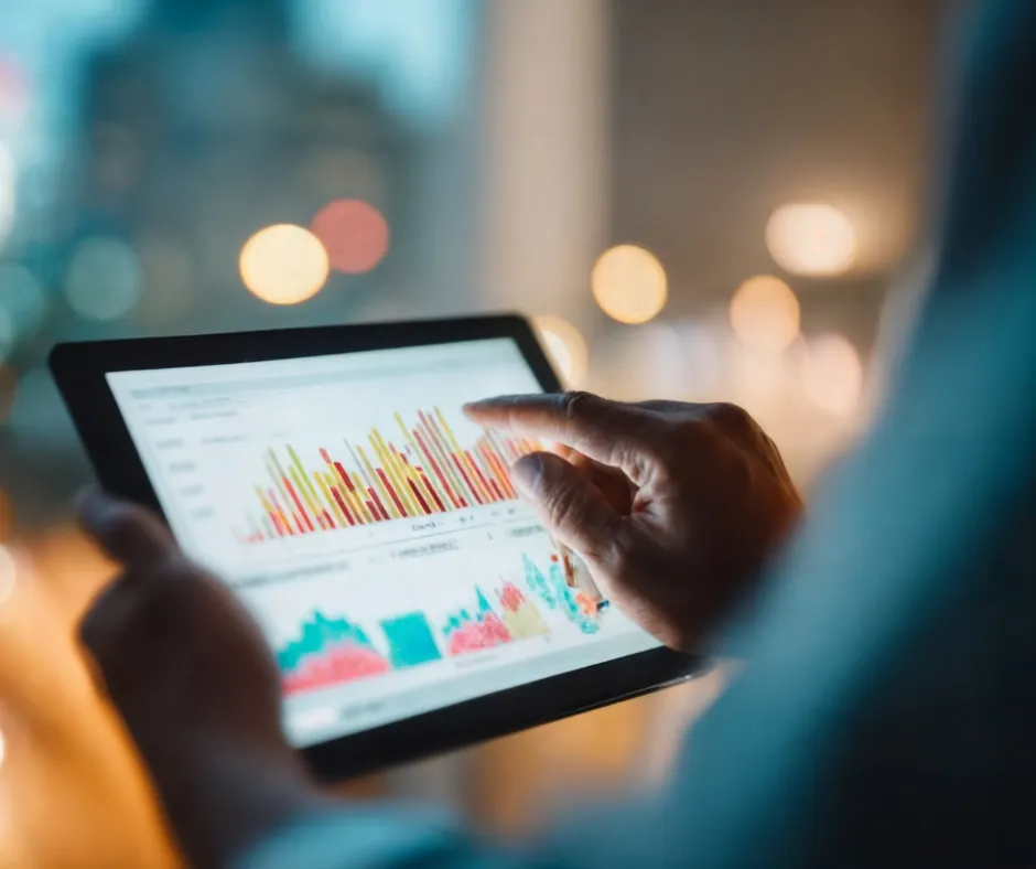 kpi data and graphs on an iPad screen